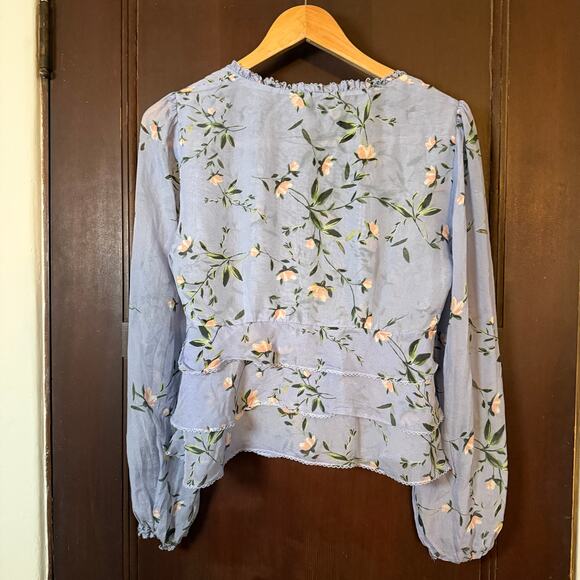 INTERMIX | Lavender Purple Floral Silk Ruffled Babydoll Shirt tie bust | size 8 - Picture 2 of 6